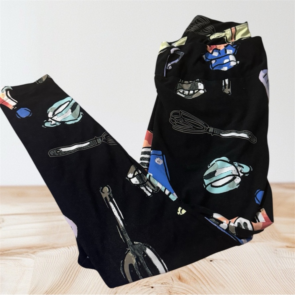 LuLaRoe Black Leggings with Colorful Kitchen Utensils